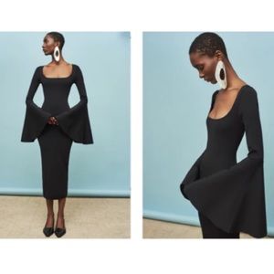 {Solace London} Dress Serra Square Neck Midi Ribbed Bell Sleeves